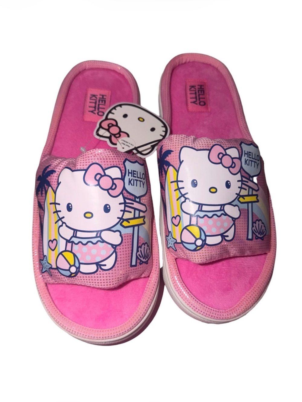 *new* Hello Kitty Pink Slide Slippers with Beach Graphic